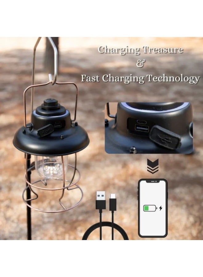 لايت فانوس تخييم عتيق قابل لإعادة الشحن - مصباح خيمة LED خارجي بثلاثة أوضاع مع مؤشر طاقة - فانوس معلق محمول مقاوم للعوامل الجوية للتخييم وحالات الطوارئ - Image 2